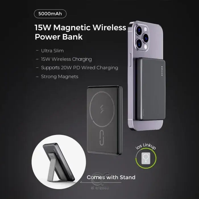 BP-20 , BRAVE Ultra Slim 10000mAh Magnetic Wireless Power Bank 15W With Stand, 20W Type-C - GulfStore.com