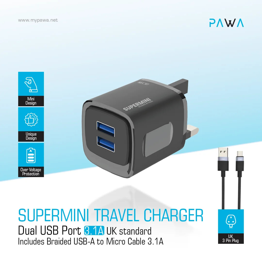PW-TCSP3UKM-BK | PAWA Supermini Travel Charger Dual Usb 3.1A UK Standard With Braided Micro Cable | Black