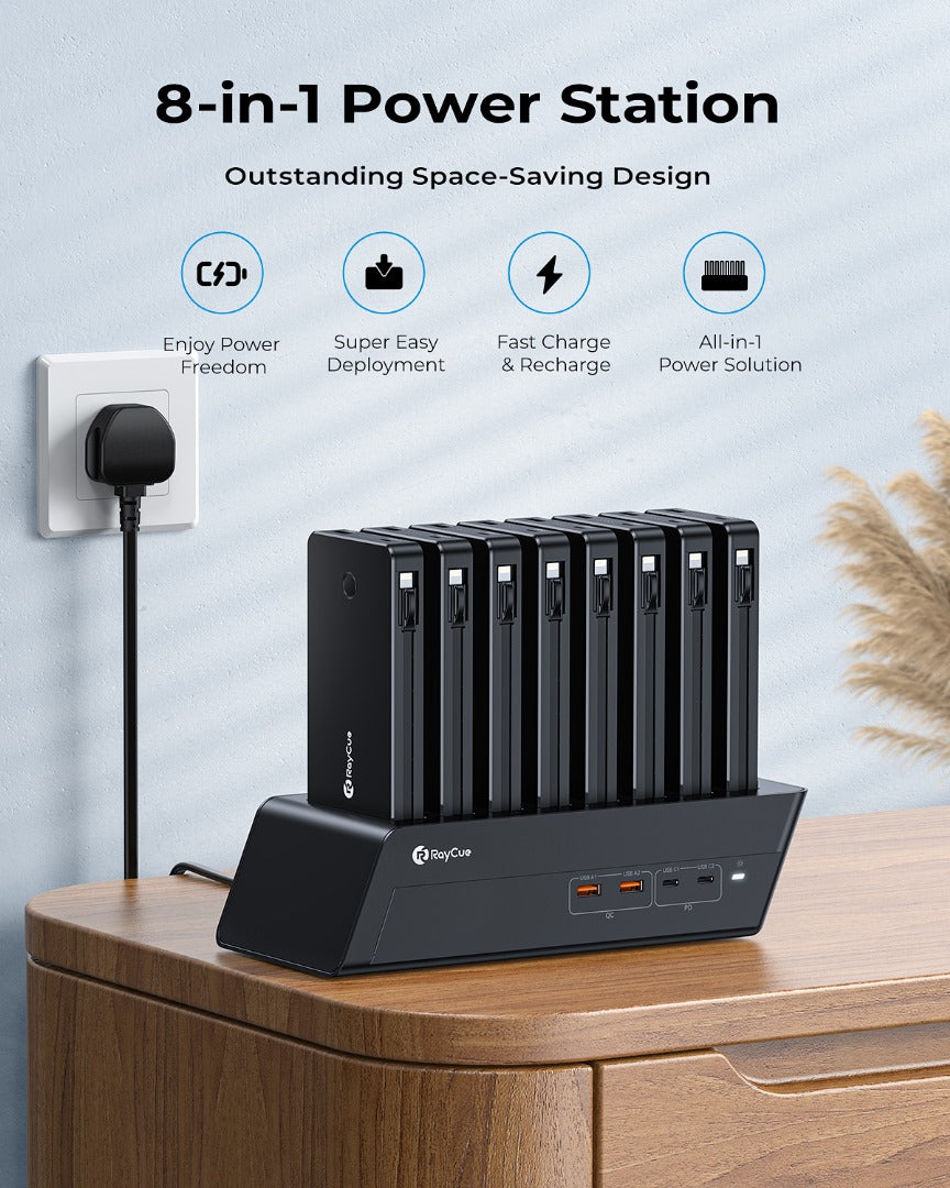 Raycue | PB001 | Raycue BoostDock 8 in 1 Charging Station Combo with 8*10000mAh PD20W Power Bank-UK