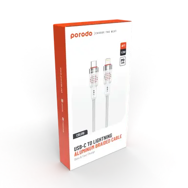 PD-CBL0010-WH | Porodo USB-C to Lightning Aluminum Braided Cable | White