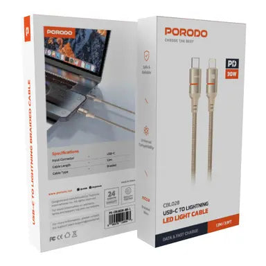 PD-CBL0028-GD-L | Porodo USB-C To Lightning LED Light Cable | Gold