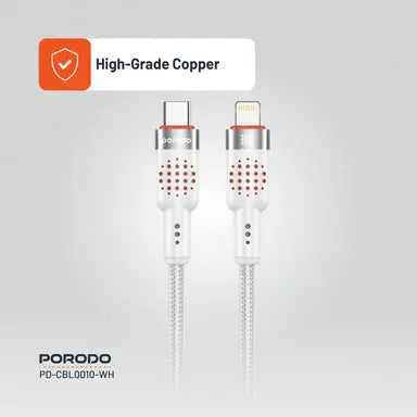 PD-CBL0010-WH | Porodo USB-C to Lightning Aluminum Braided Cable | White