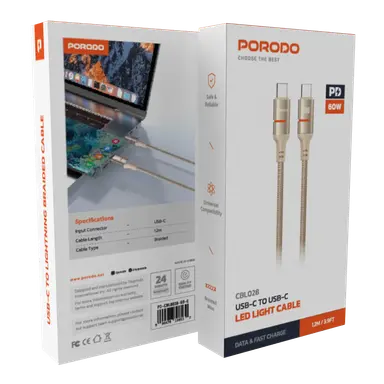 PD-CBL0028-GD-C | Porodo USB-C To USB-C LED Light Cable | Gold