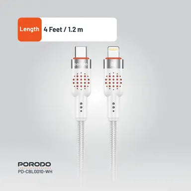 PD-CBL0010-WH | Porodo USB-C to Lightning Aluminum Braided Cable | White