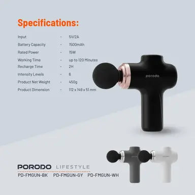 PD-FMGUN-BK | Porodo Lifestyle Precision Handheld Massager with 4 Interchangeable Head | Black - GulfStore.com