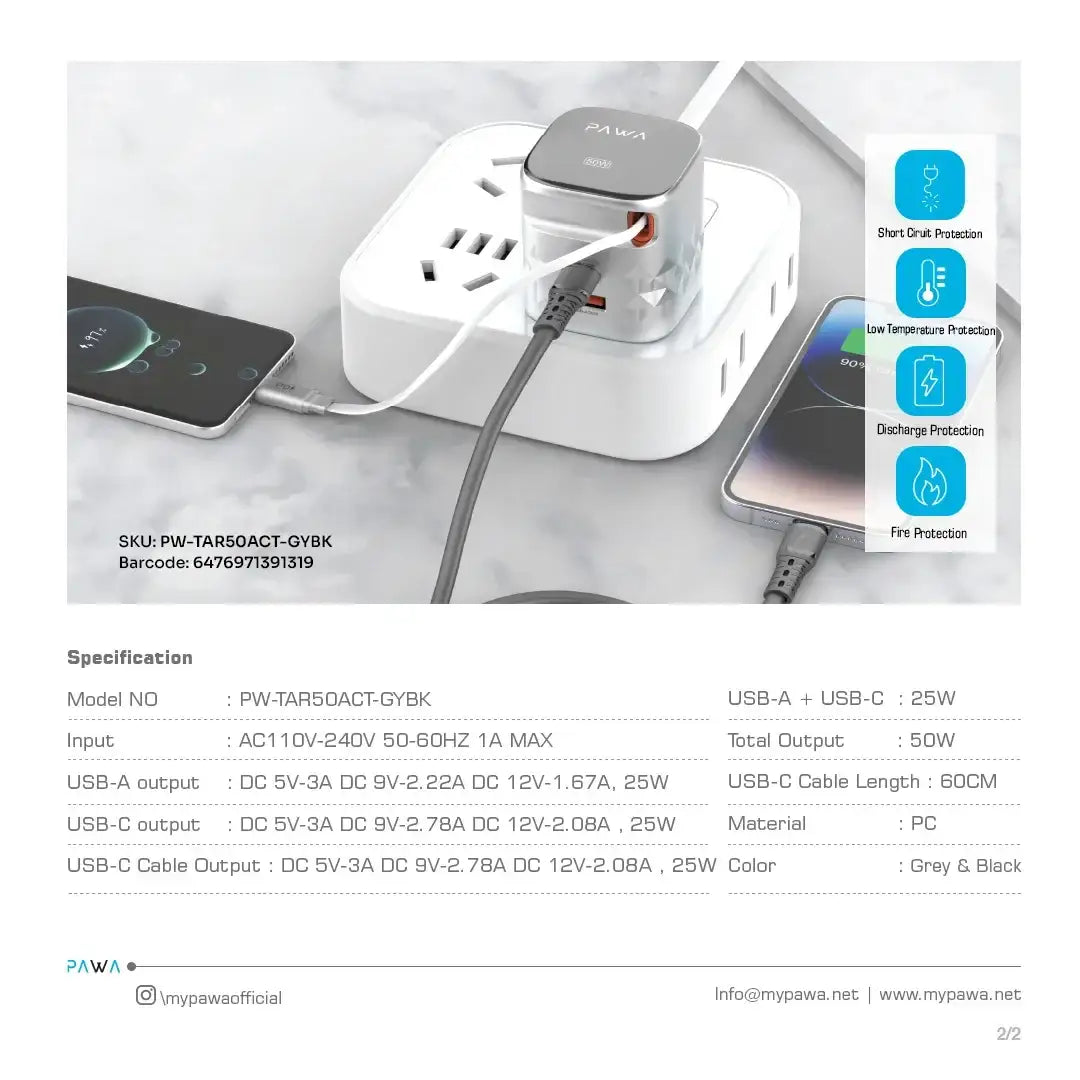 Pawa Retro 50W UK Charger With Retractable Cable - Grey & Black ( PW-TAR50ACT-GYBK) - GulfStore.com