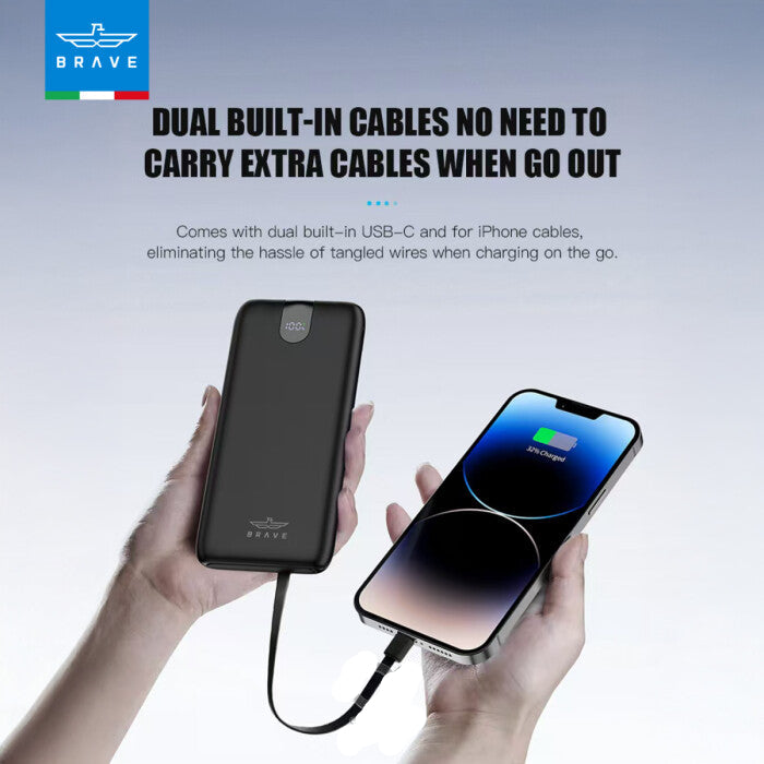 BRAVE 4-in-1 10000mAh Slim Power Bank Station with PD 22.5W Type-C & 20W Lightning Cables, & LED Display - Black