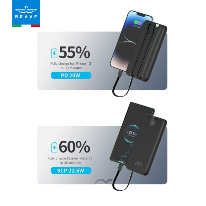 BRAVE 4-in-1 10000mAh Slim Power Bank Station with PD 22.5W Type-C & 20W Lightning Cables, & LED Display - Black