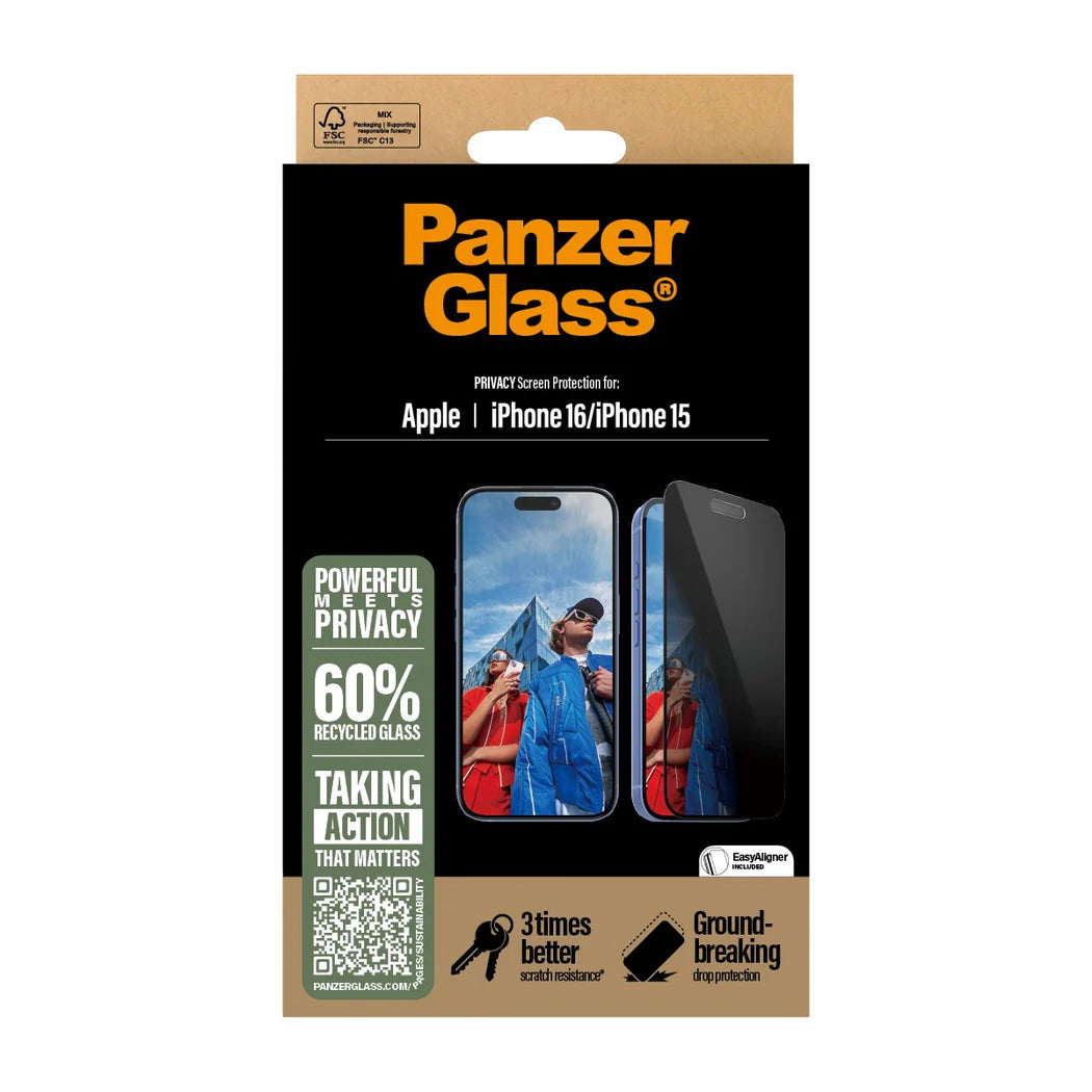 9000300480 | واقي شاشة PanzerGlass® للخصوصية، آيفون 16 | 15 | مقاس عريض للغاية مع EasyAligner