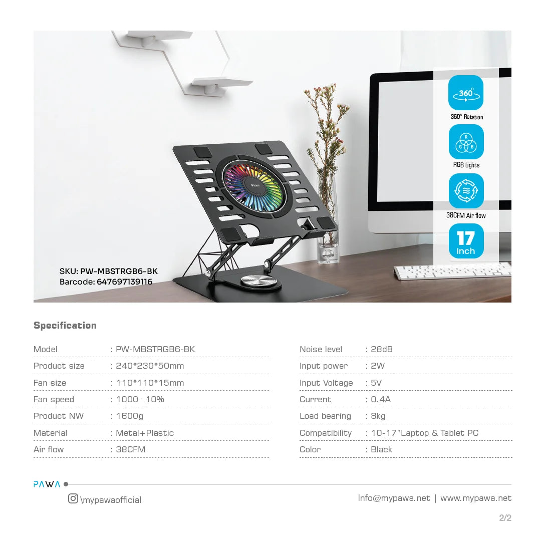 PW-MBSTRGB6-BK | PAWA Pawa Laptop cooling stand with RGB Light | Black
