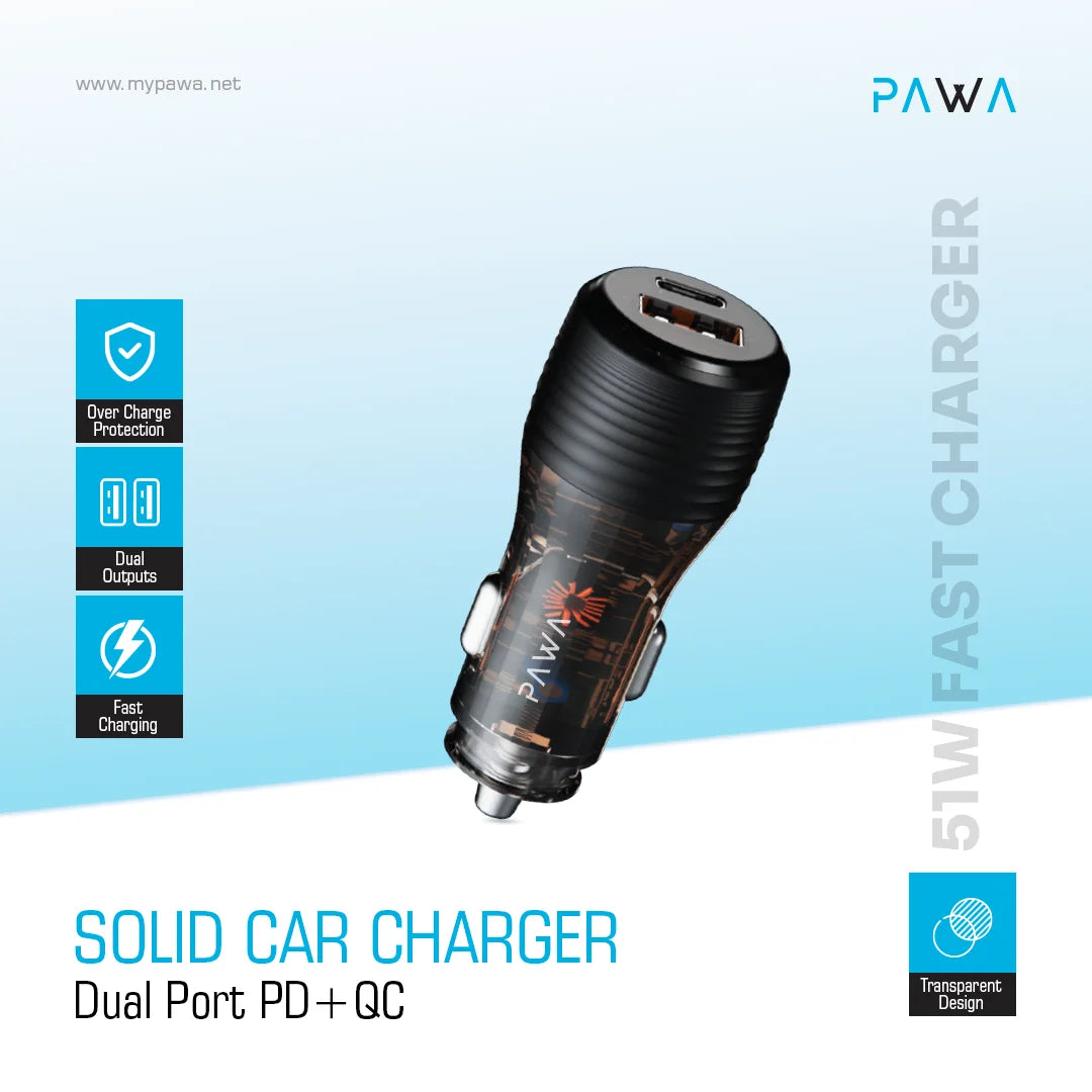 PW-CC51WCA1-TP | PAWA Solid Car Charger Dual Port PD+QC 51W | Transparent