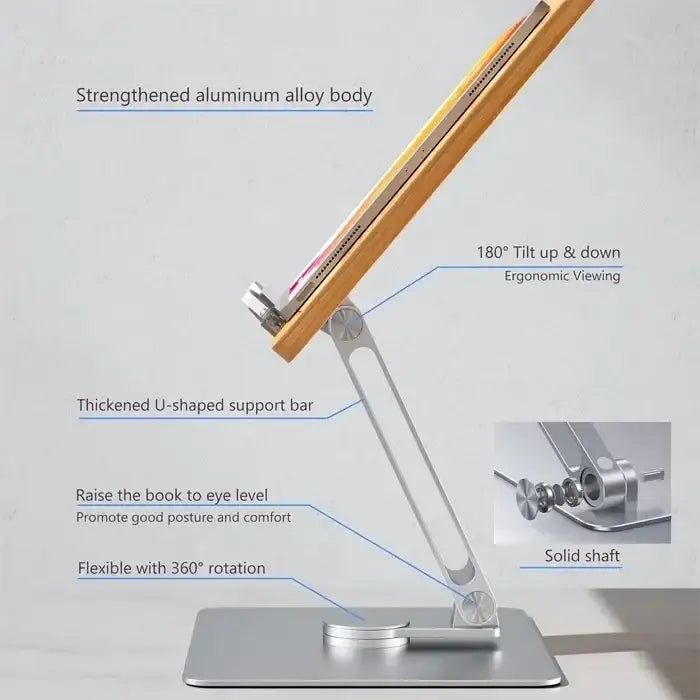 Rotatable 360° Adjustable Book Tablet & Laptop Stand Holder - Wood Brown Aluminum Body - GulfStore.com