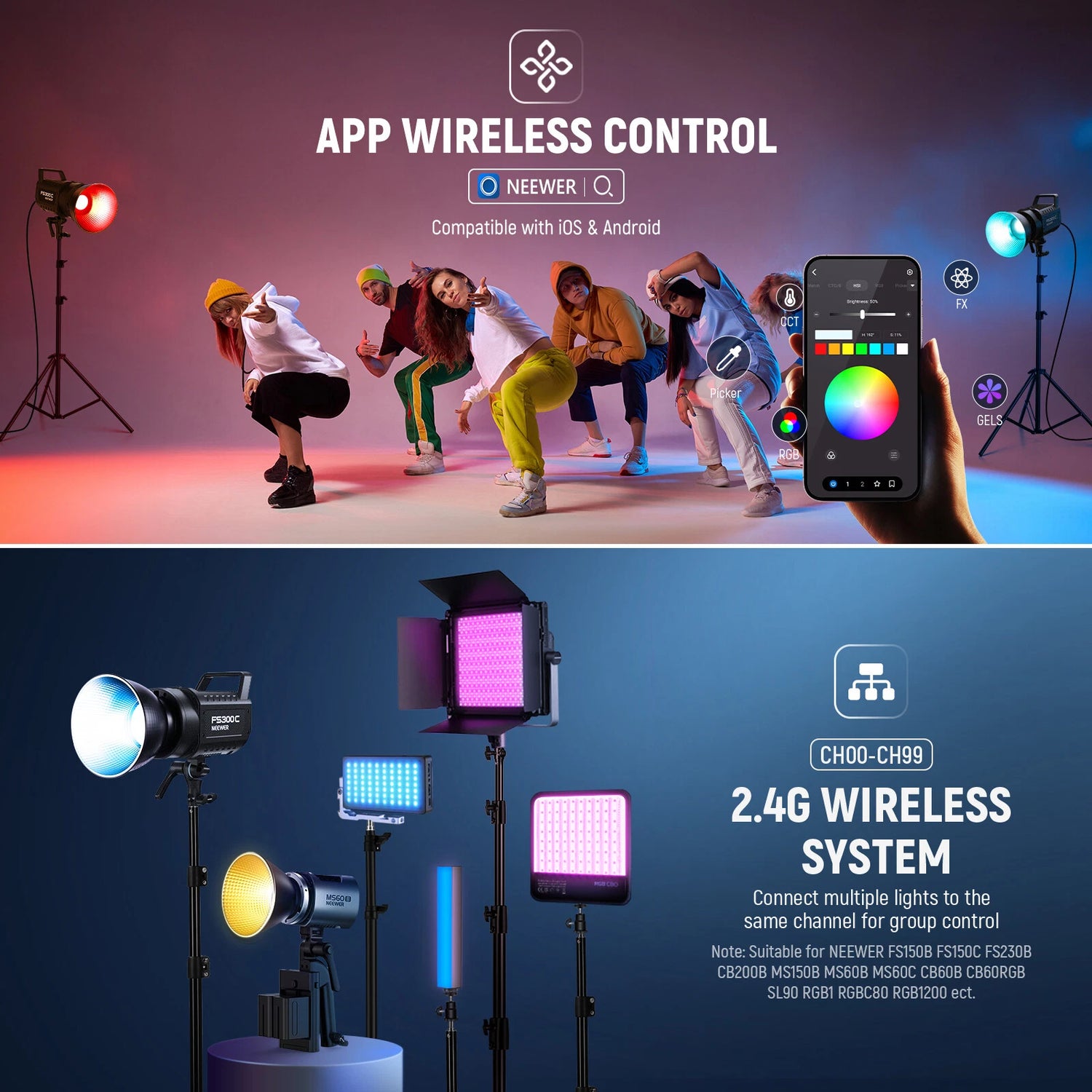 مصباح فيديو Neewer FS300C RGB بقوة 300 واط (المملكة المتحدة)