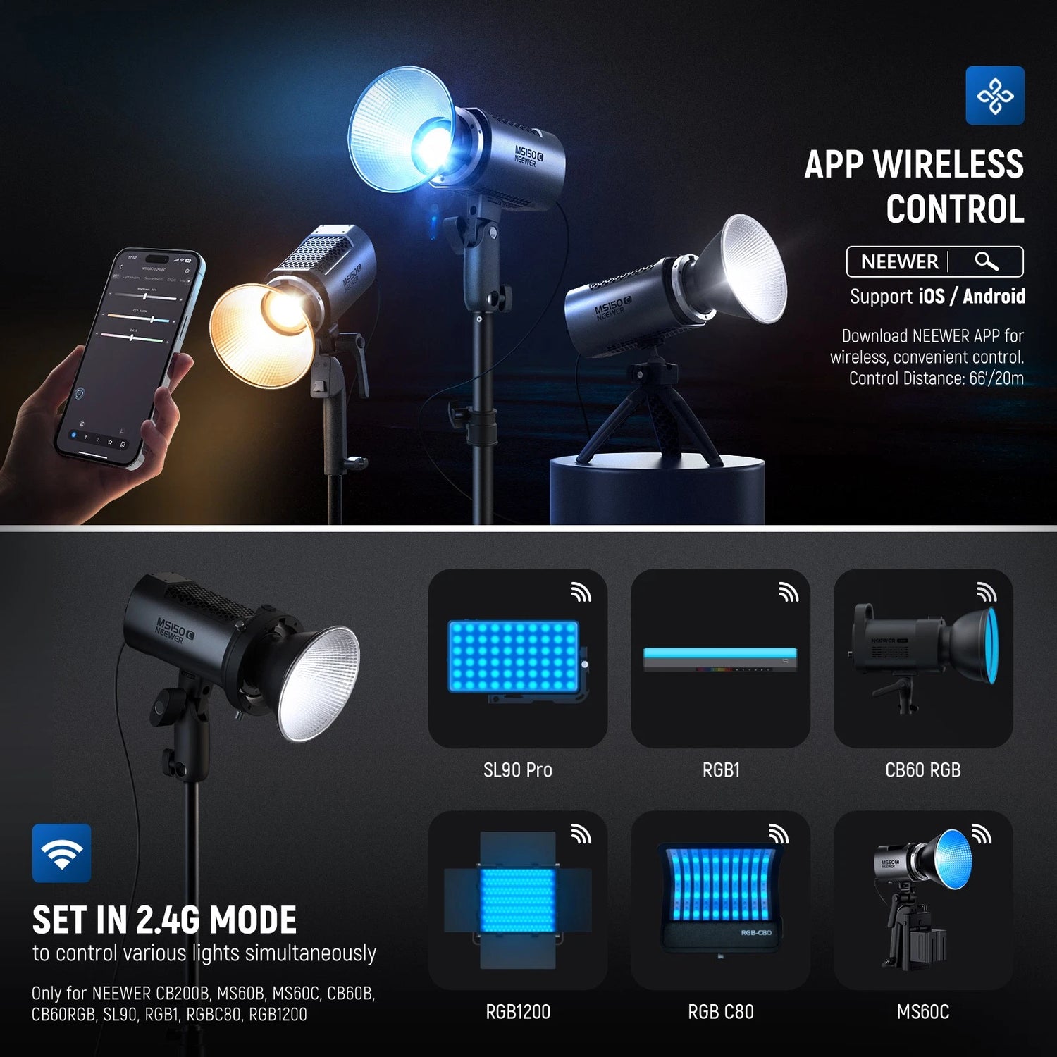 NEEWER MS150CD RGBWW LED Light - 150W, CRI97+, Bowens Mount, APP/2.4G