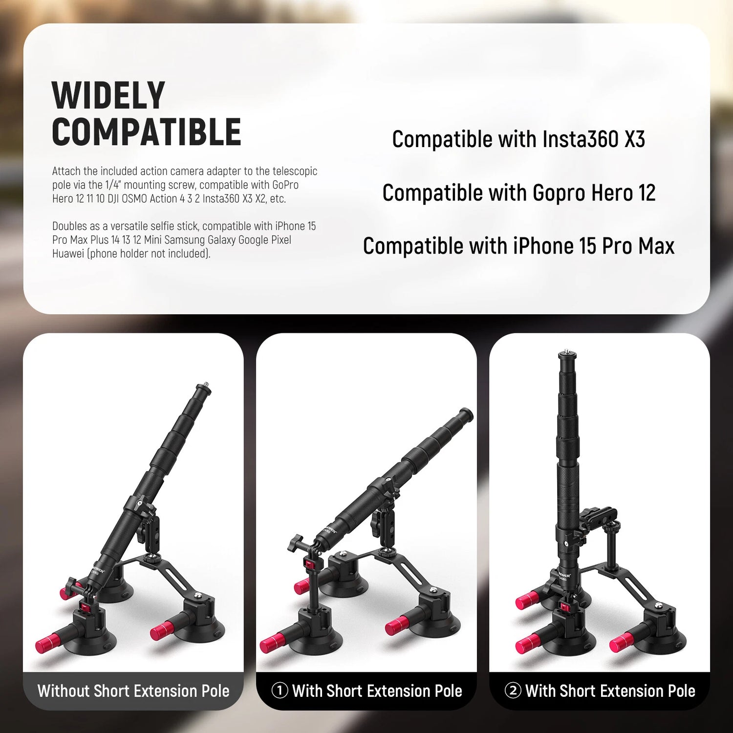 Neewer CAR MOUNT FOR CAMERA 3 IN 1 SUCTION CUPS MOUNT KIT WITH EXTENTION ROD