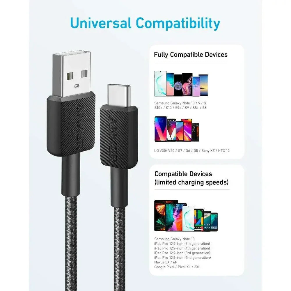 A81H5H21 | كابل أنكر 322 USB-A إلى USB-C مضفر | 0.9 متر/ 3 أقدام | أبيض