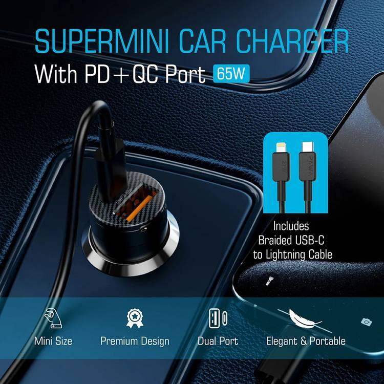 PW-PDTCN65WL-BK , Pawa Supermini Dual Port Car Charger 65W with braided Type-c to Lightning cable-black - GulfStore.com