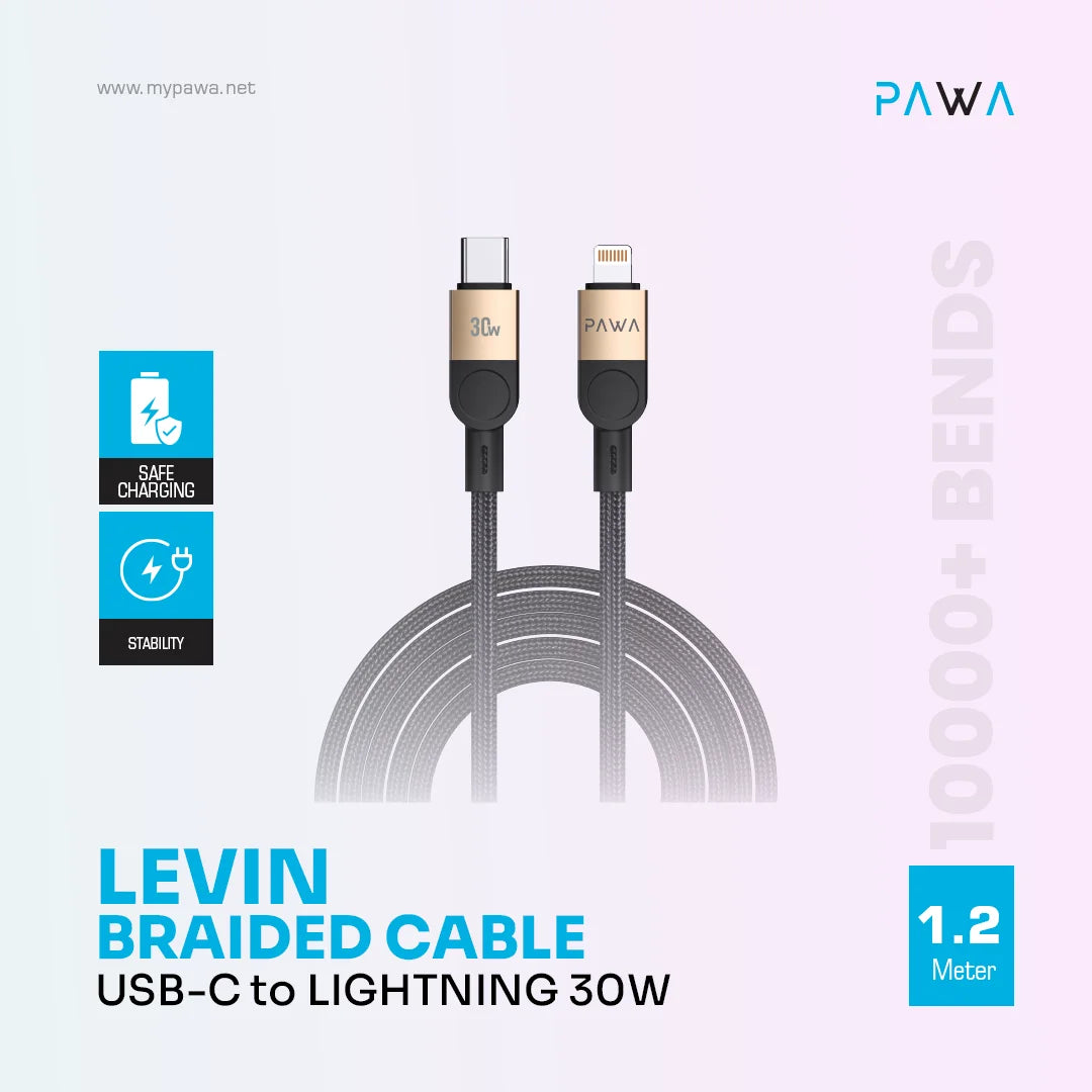 كابل باوا ليفين USB-C إلى Lightning مضفر، بطول 1.2 متر، بقوة 30 واط، PW-12BDC254-DTBK | أسود صحراوي