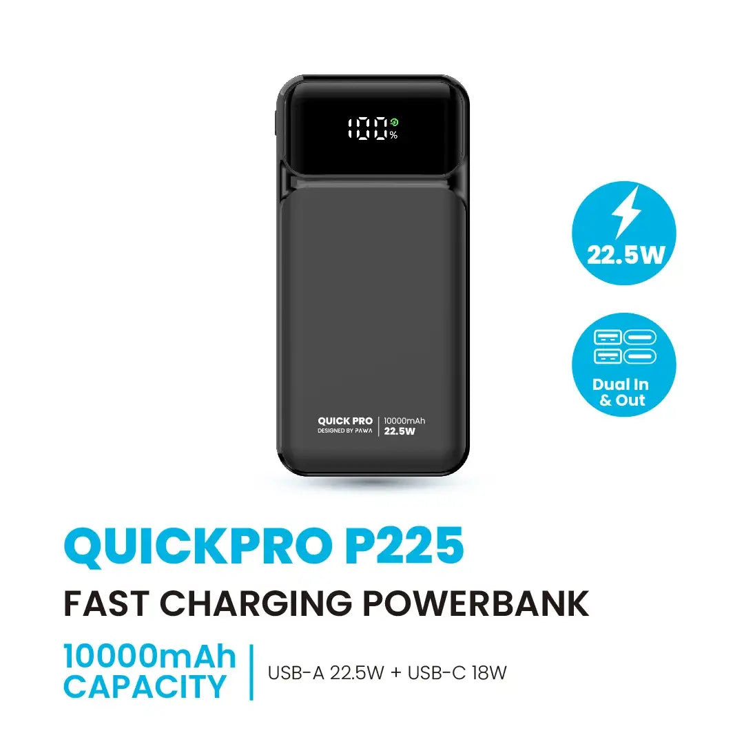 PW-PBQP10TT-BK | PAWA QuickPro P225 Fast Charging Powerbank With 10000mAh | Black