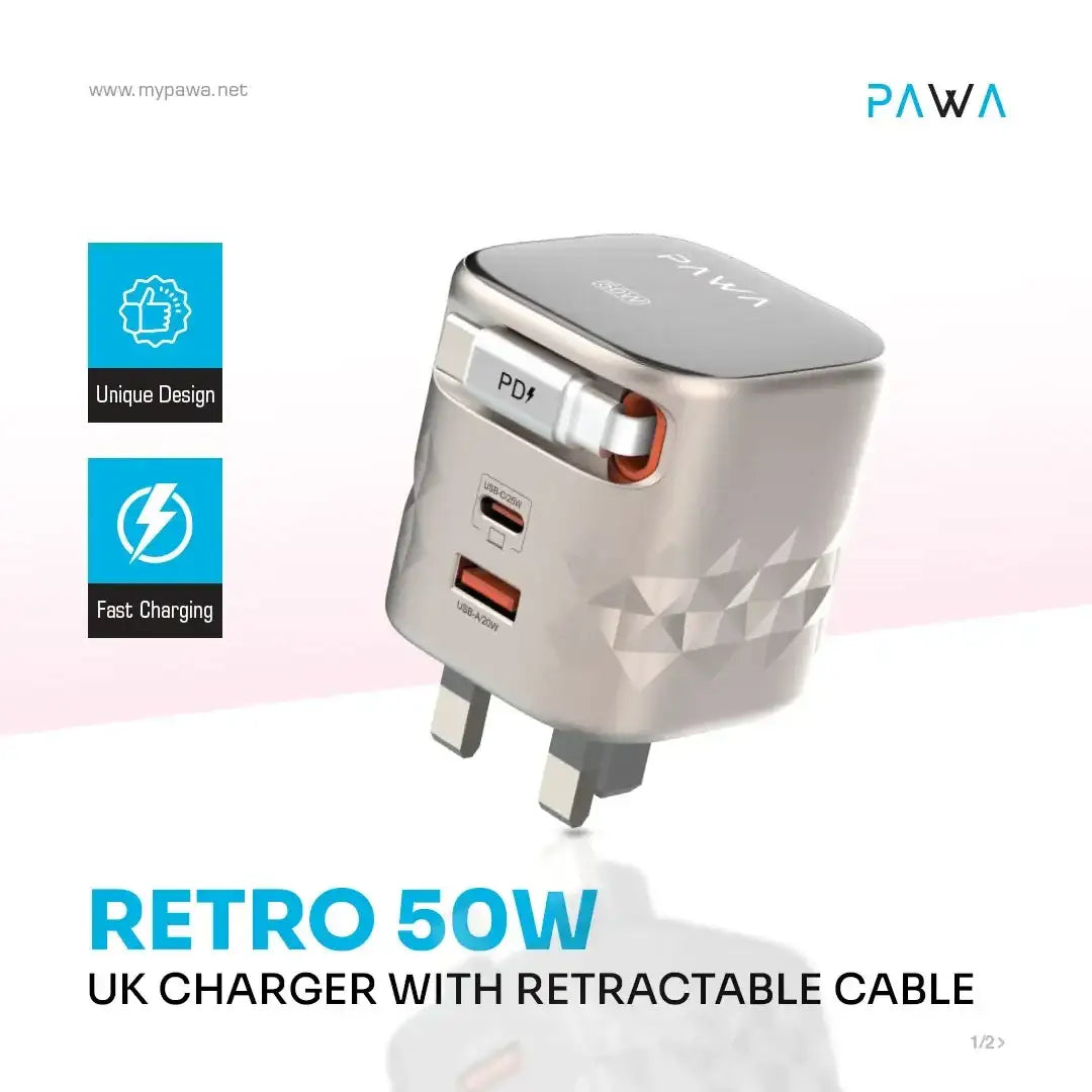 Pawa Retro 50W UK Charger With Retractable Cable - Titanium & Black ( PW-TAR50ACT-TTBK) - GulfStore.com