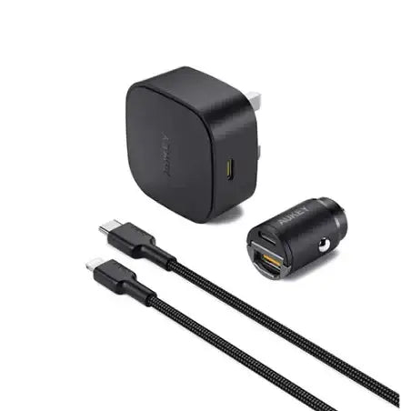 Aukey Compact PD Charger - Type C Output + USB-C - Lightning Cable + World Smallest Car Charger - GulfStore.com