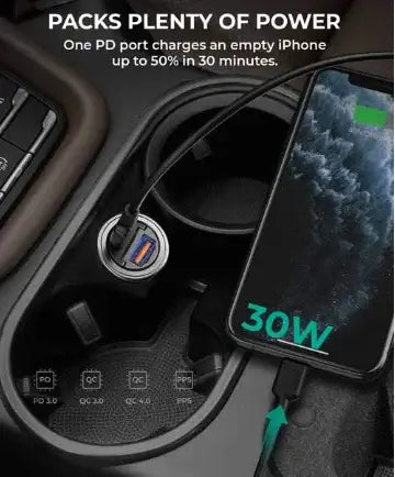 Aukey 30W PD Metal Dual Port Fast Car Charger with PPS & QC 3.0 - Black - GulfStore.com