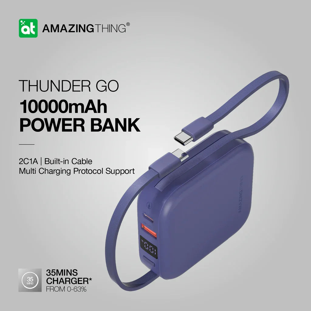 AMAZINGTHING | 17941 | THUNDER Go 10000Mah Power Bank With Built-In 2 Usb-C Cables | Blue