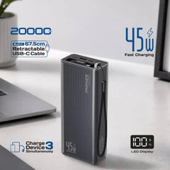 PROMATE Lucid-45W.Black 20,000mAh power bank featuring 45W fast charging, a built-in retractable USB-C cable for cable-free convenience