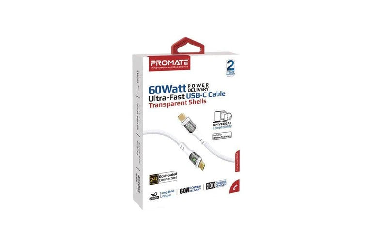 PROMATE 2M 60W Power Delivery Ultra-Fast USB-C Cable with Transparent Shells - White