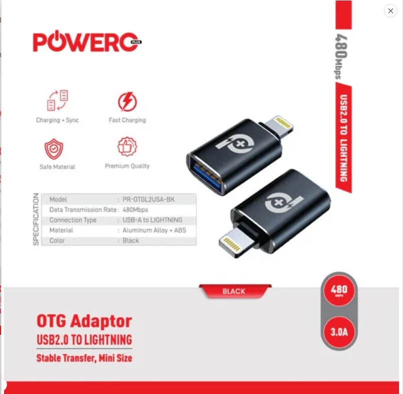 PR-OTGL2USA-BK | PowerO+ OTG USB-A to Lightning with 480Mbps Data Transmission | Black