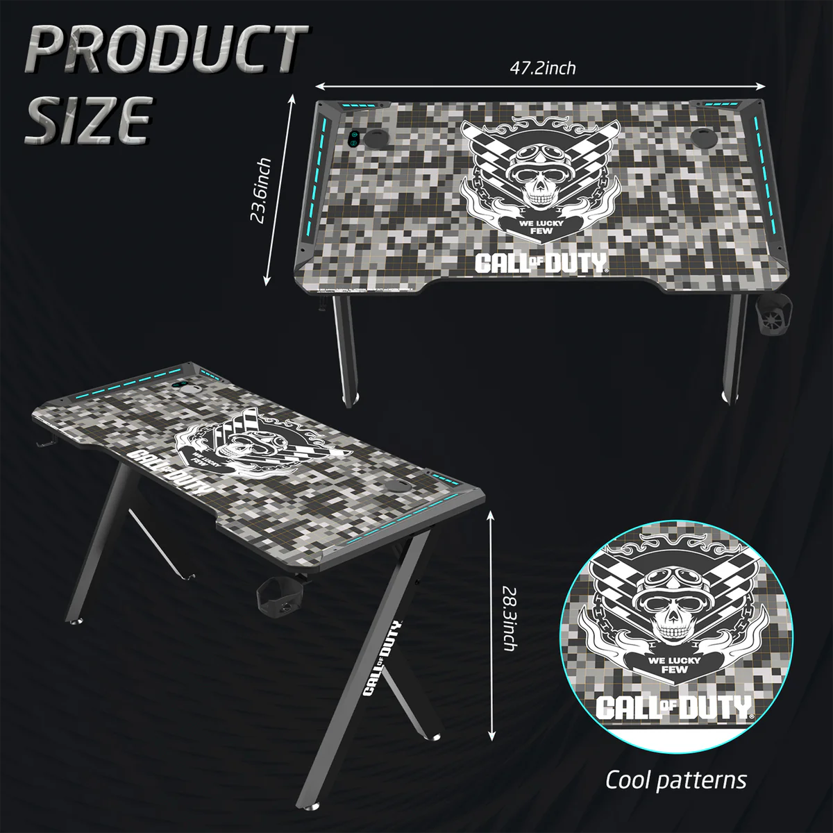 Call Of Duty (COD) x GAMEON Hawksbill Series RGB Flowing Light Gaming Desk (Size: 1200-600-720mm) With (800*300*3mm - Mouse pad), Headphone Hook & Cup Holder - Black/Grey