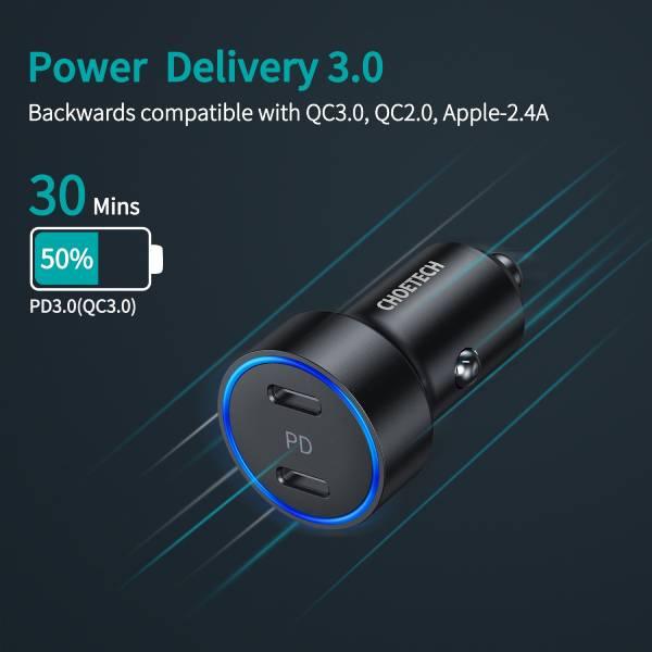 شاحن سيارة مزدوج من Choetech بمنفذين USB Type C بقوة 40 وات C0054-V2-SL - فضي