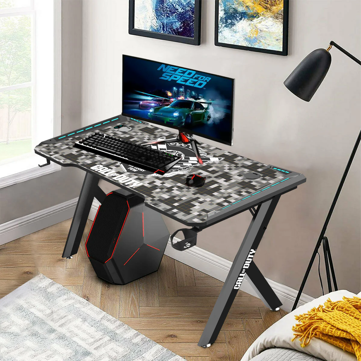 Call Of Duty (COD) x GAMEON Hawksbill Series RGB Flowing Light Gaming Desk (Size: 1200-600-720mm) With (800*300*3mm - Mouse pad), Headphone Hook & Cup Holder - Black/Grey