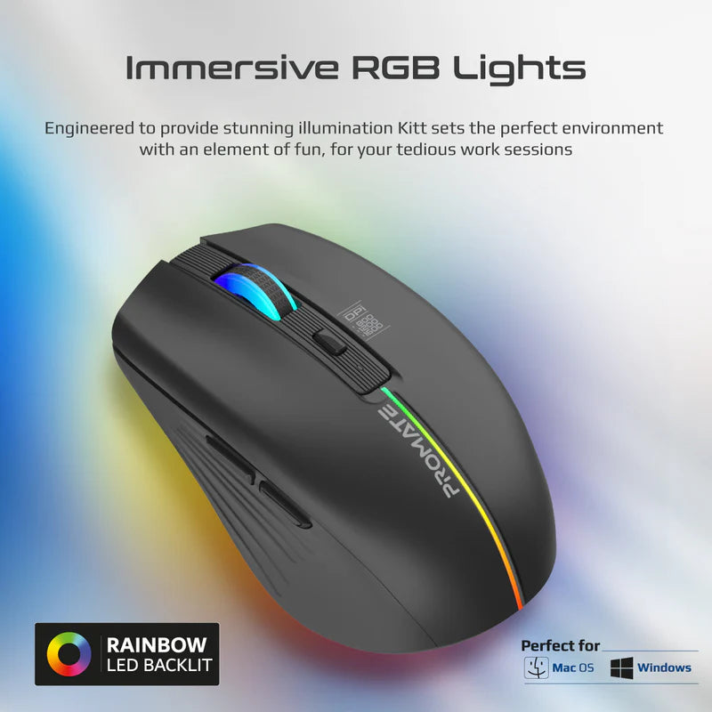 PROMATE - 2.4GHz Wireless Ergonomic Optical Mouse with LED Rainbow Lights - Black