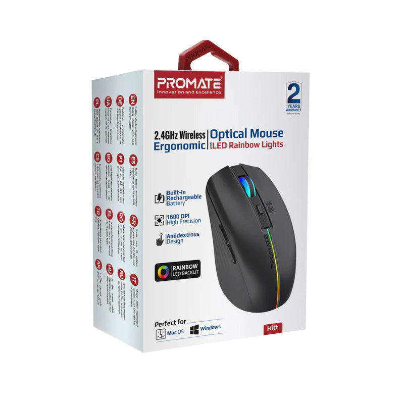 PROMATE - 2.4GHz Wireless Ergonomic Optical Mouse with LED Rainbow Lights - Black