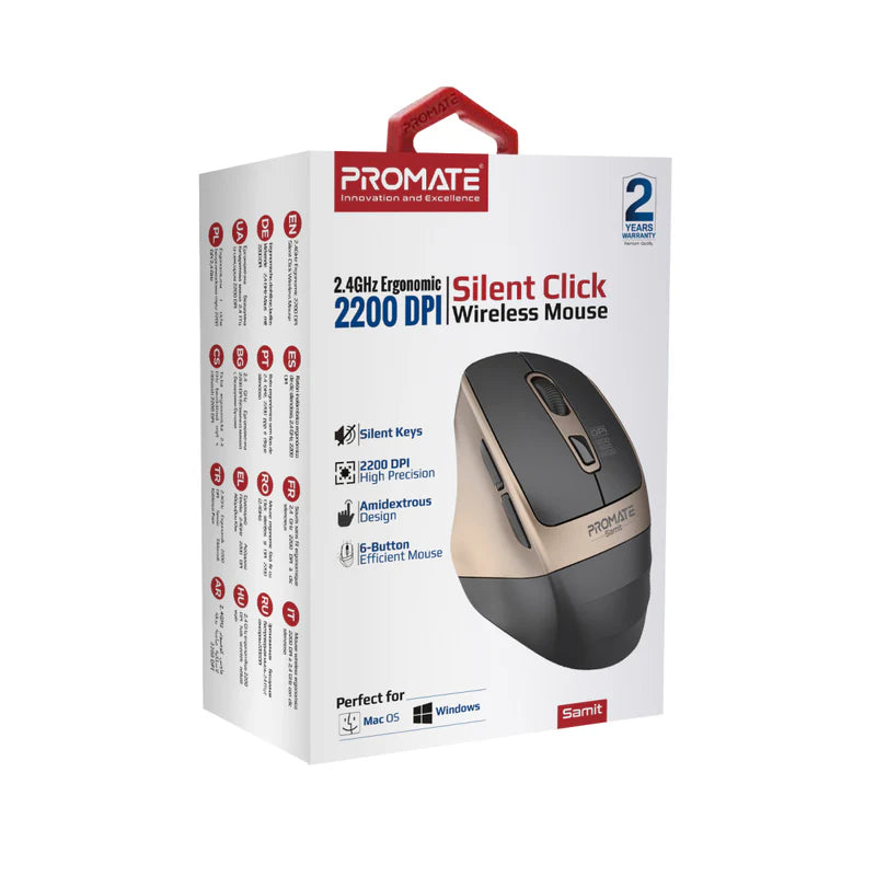 PROMATE - Samit2.4GHz Ergonomic 2200 DPI Silent Click Wireless Mouse - Gold