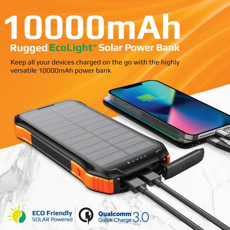 promate 10,000mAh Solar Power Bank - Portable Waterproof Charger with LED Flashlight | Fast Charging for Smartphones