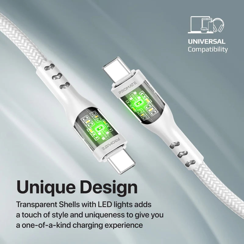 PROMATE - TransLine-CC60W 1.2M Power Delivery Ultra-Fast USB-C Cable with Transparent Shells - White