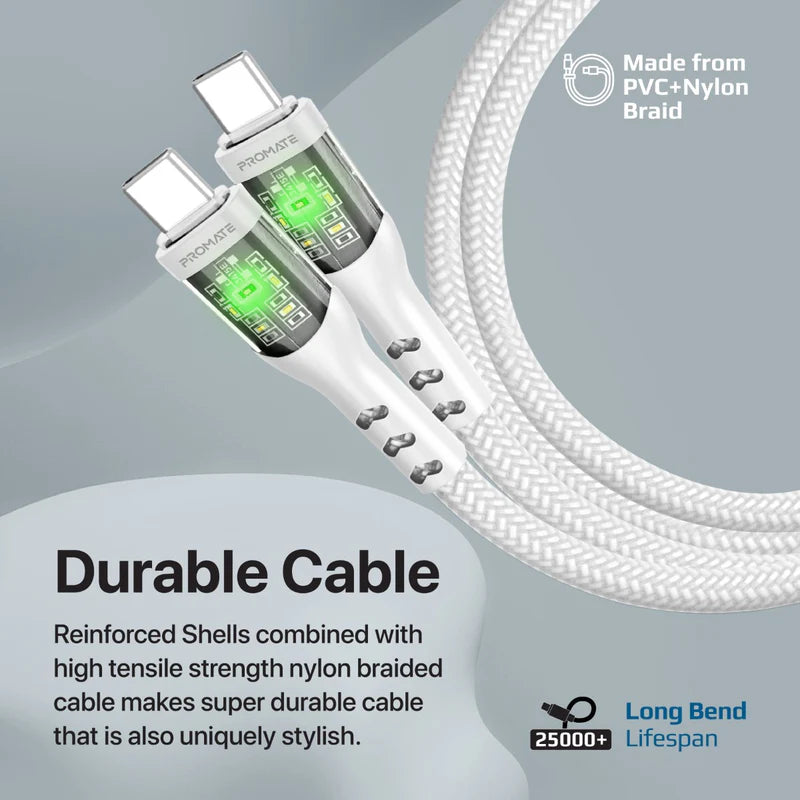 PROMATE - TransLine-CC60W 1.2M Power Delivery Ultra-Fast USB-C Cable with Transparent Shells - White