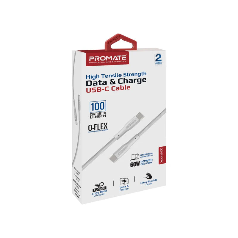 PROMATE - xCord-CC 1M High Tensile Strength Data & Charge USB-C Cable - White