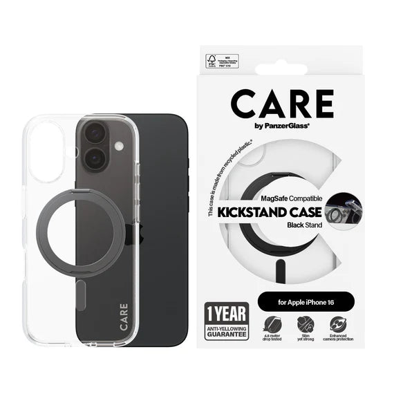 جراب CARE™ من PanzerGlass® شفاف مع مسند أسود و MagSafe لهاتف iPhone 16