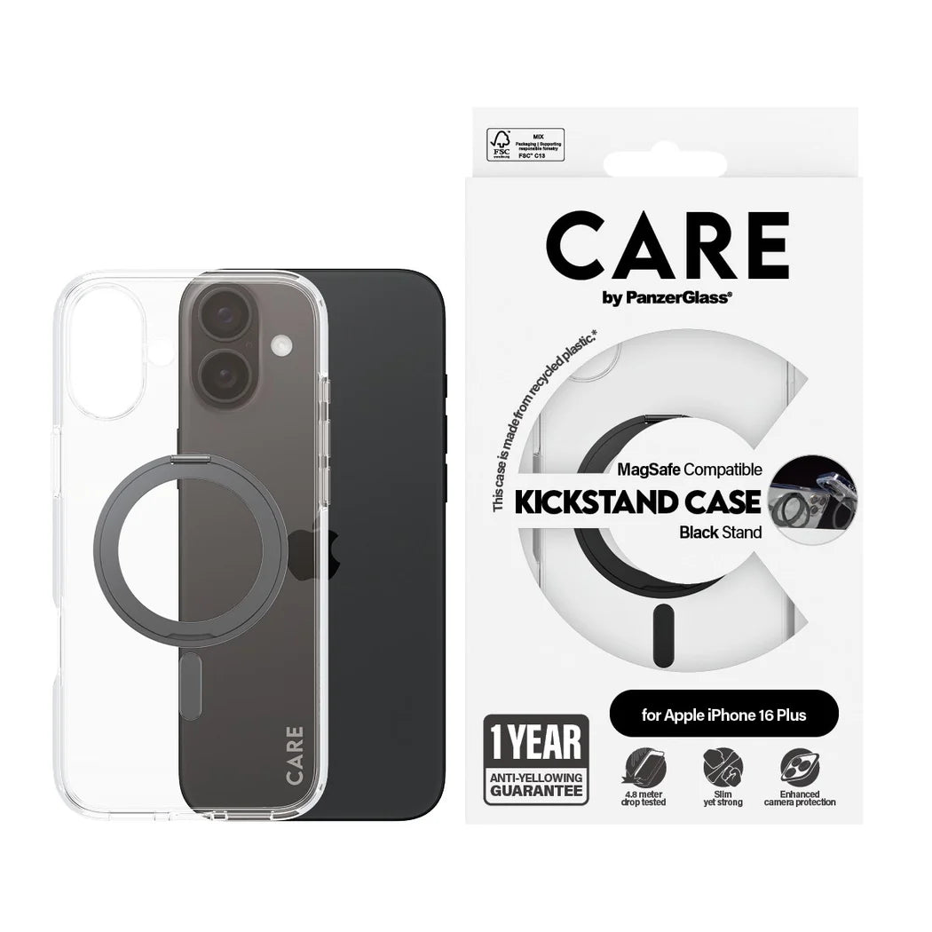 90003005024 | غطاء CARE™ من PanzerGlass® شفاف مع مسند أسود و MagSafe لهاتف iPhone 16 Plus