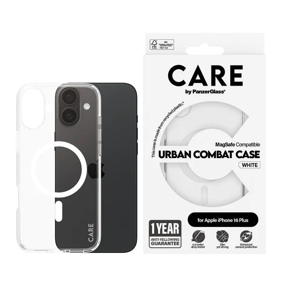 جراب CARE™ من PanzerGlass® Urban Combat شفاف مع MagSafe أبيض لهاتف iPhone 16 Plus