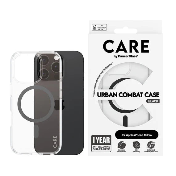 جراب CARE™ من PanzerGlass® Urban Combat الشفاف مع MagSafe أسود لهاتف iPhone 16 Pro