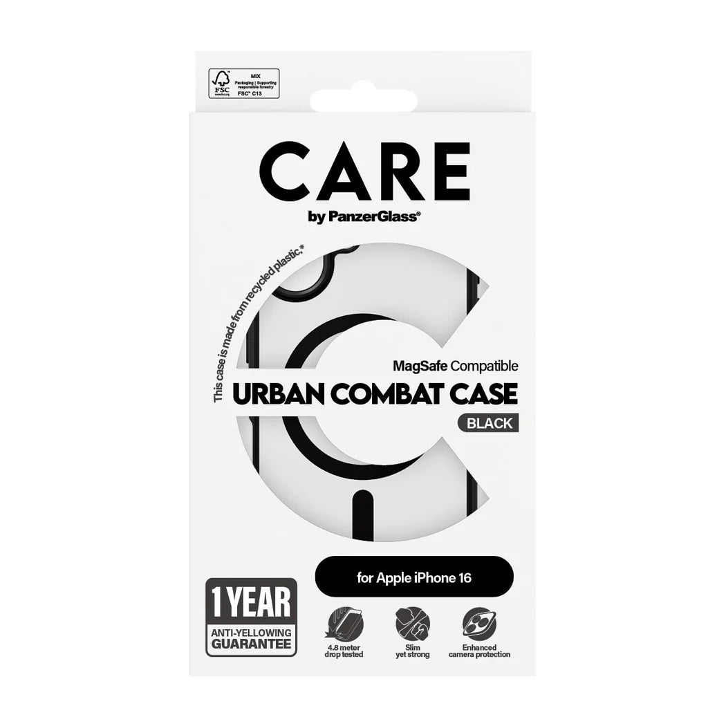 9000300436 | غطاء CARE™ من PanzerGlass® Urban Combat شفاف بإطار أسود و MagSafe لهاتف iPhone 16