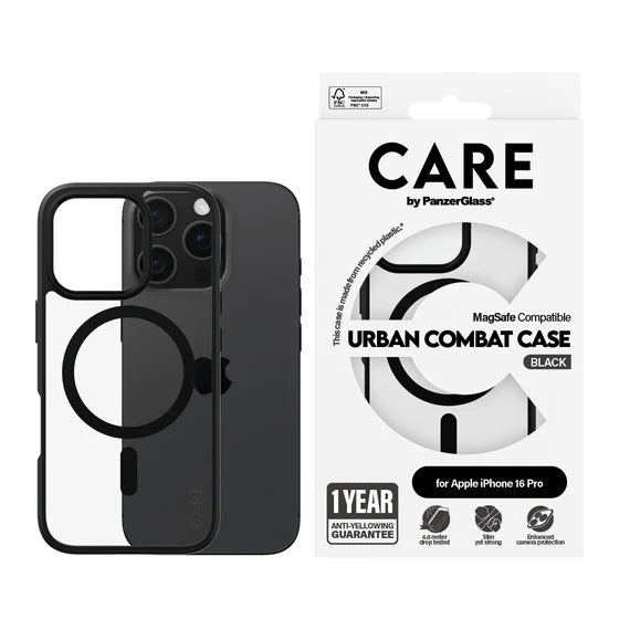 CARE™ by PanzerGlass® Urban Combat Case Transparent w. Black Frame & MagSafe iPhone 16 Pro