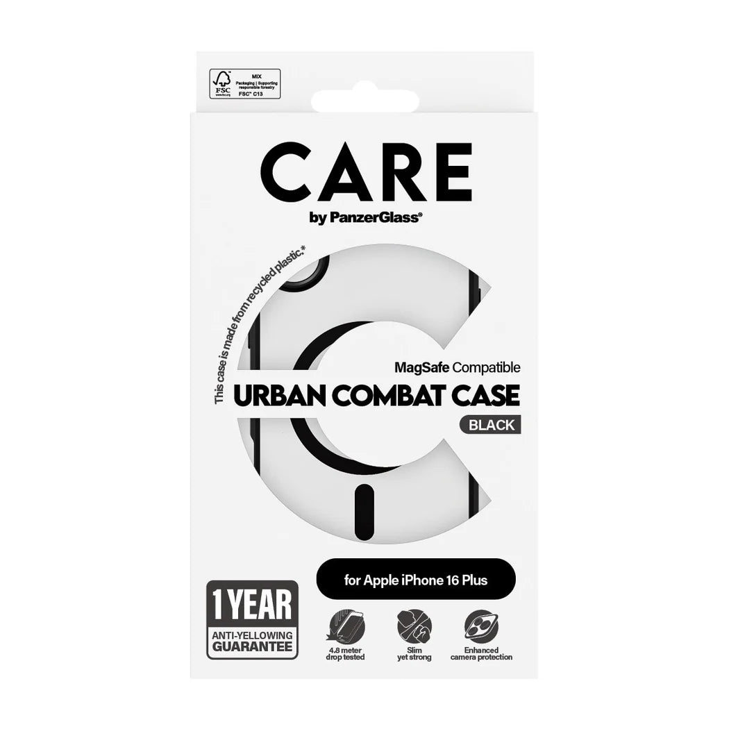 9000300438 | غطاء CARE™ من PanzerGlass® Urban Combat شفاف بإطار أسود و MagSafe لهاتف iPhone 16 Plus