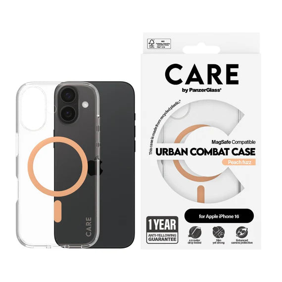 CARE™ by PanzerGlass® Urban Combat Case Transparent w. Peachy MagSafe iPhone 16