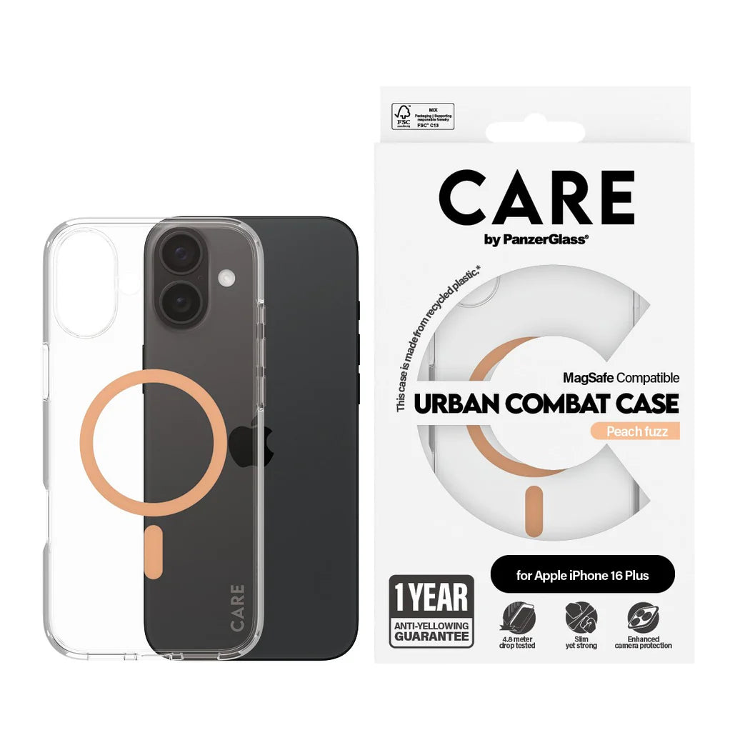 جراب CARE من PanzerGlass Urban Combat الشفاف بلون الخوخ مع ميزة MagSafe لهاتف iPhone 16 Plus