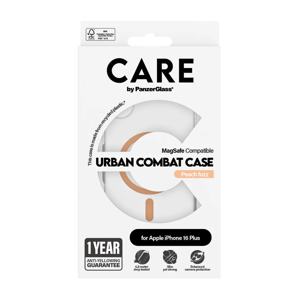 جراب CARE من PanzerGlass Urban Combat الشفاف بلون الخوخ مع ميزة MagSafe لهاتف iPhone 16